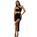 Sloping Shoulder Crop Top High Waist Hollow Skirt Suit Tight Two Piece Women's Clothing Set
