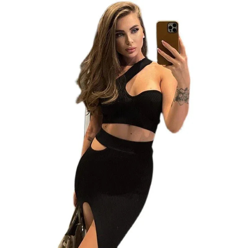Sloping Shoulder Crop Top High Waist Hollow Skirt Suit Tight Two Piece Women's Clothing Set