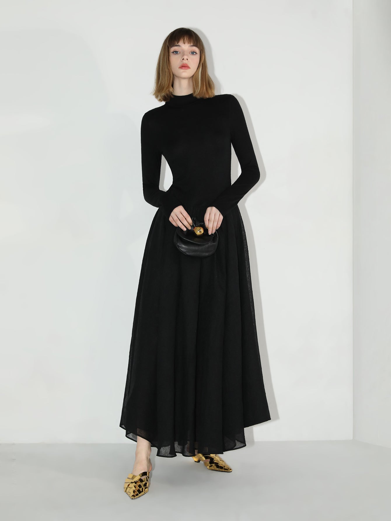 Solid Black Pleated Maxi Dress-1