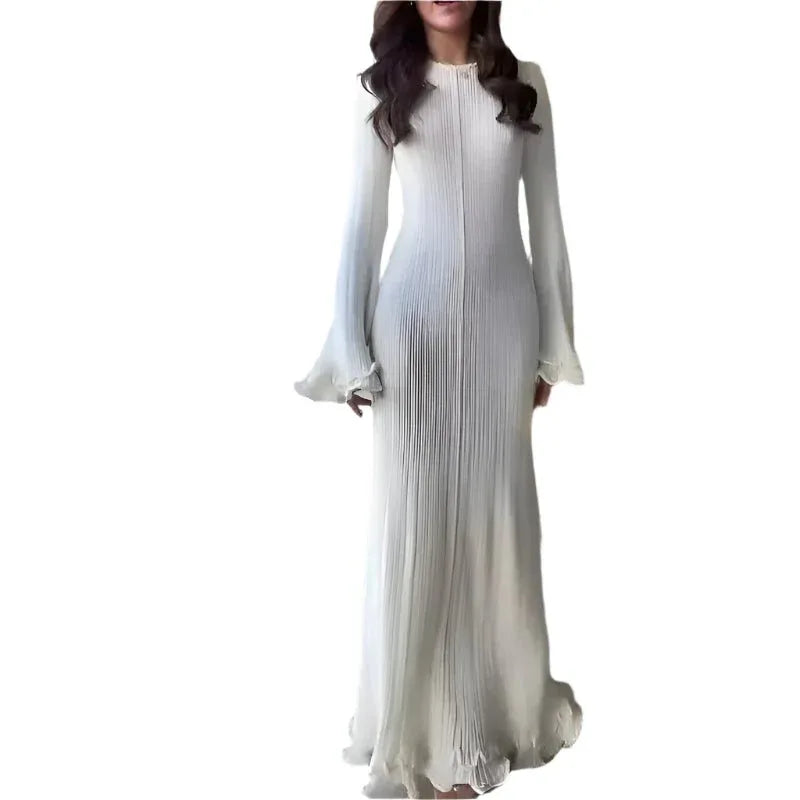 Solid Color Round Neck Long Sleeve Slim Fit Stringy Selvedge Dress