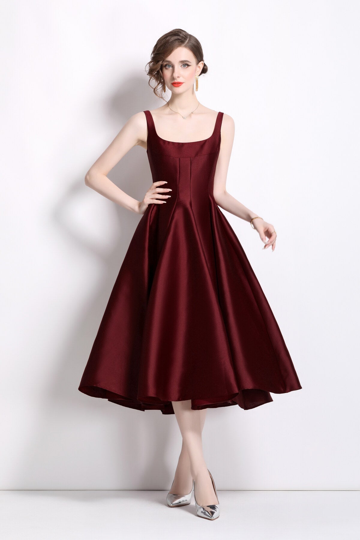 Spaghetti Strap Waist Cinching Maroon Cocktail Dress