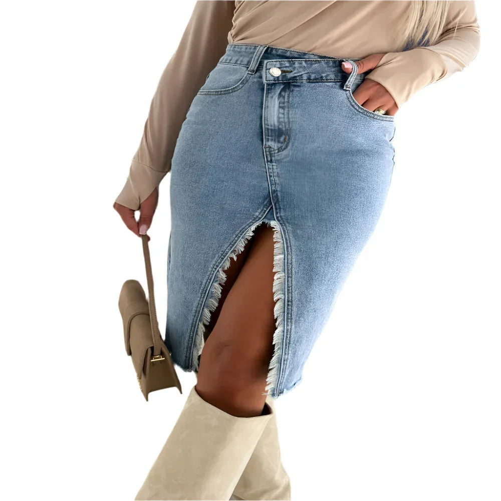 Split Fashion Casual Solid Denim Buttocks Skirt