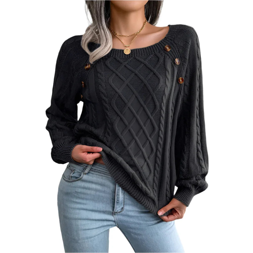 Square Neck Knitted Sweater With Button Design Winter Warm Long Sleeve Tops Women's Clothing