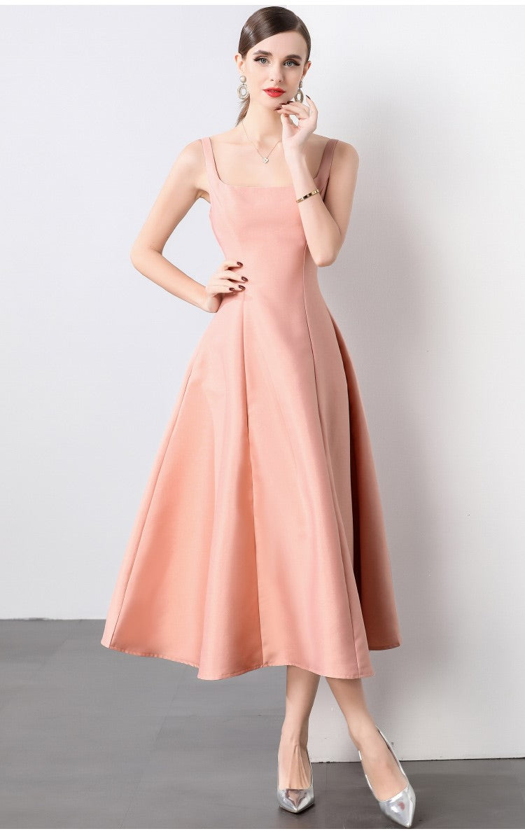 Square Neck Thick Strap Long Flared Ballerina Dress