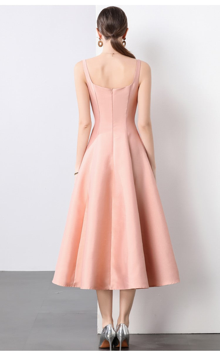 Square Neck Thick Strap Long Flared Ballerina Dress