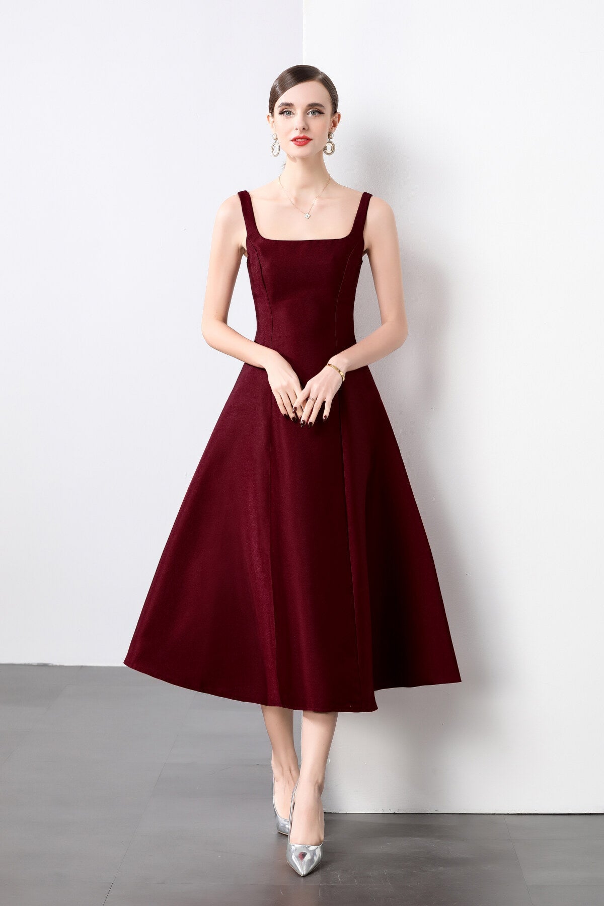 Square Neck Thick Strap Long Flared Ballerina Dress