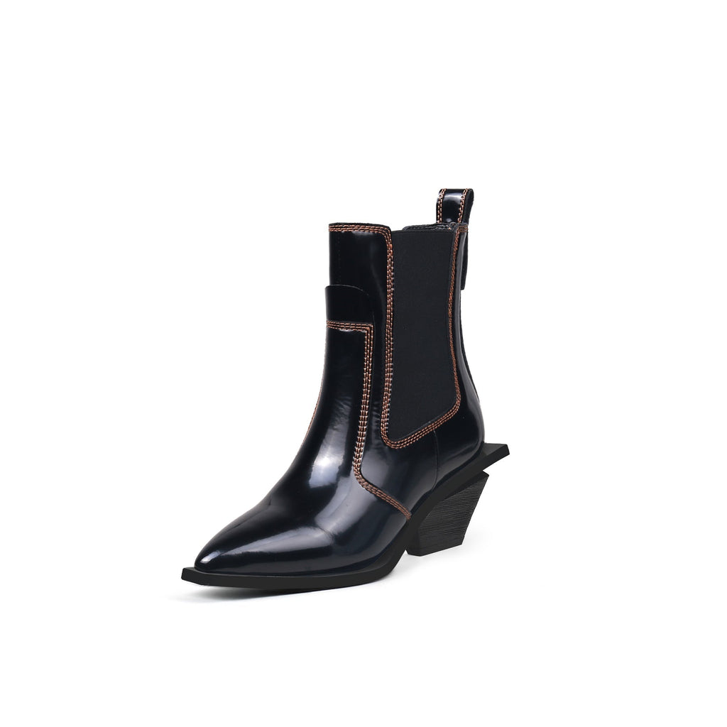 Stitch Pattern Black Leather Boots-1
