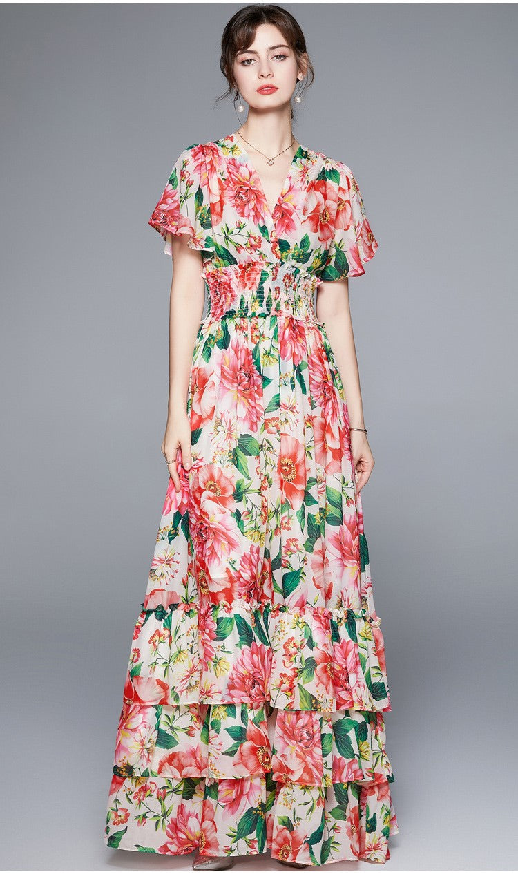 Stretchy Floral V Neck Ruffled Waist Maxi  Dress
