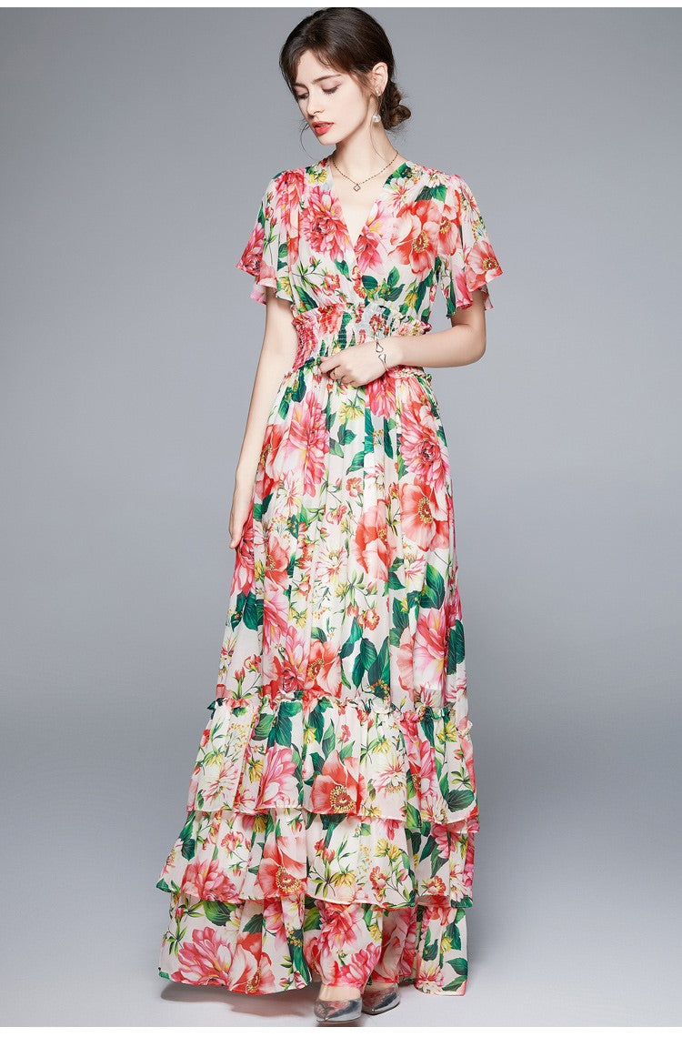 Stretchy Floral V Neck Ruffled Waist Maxi  Dress