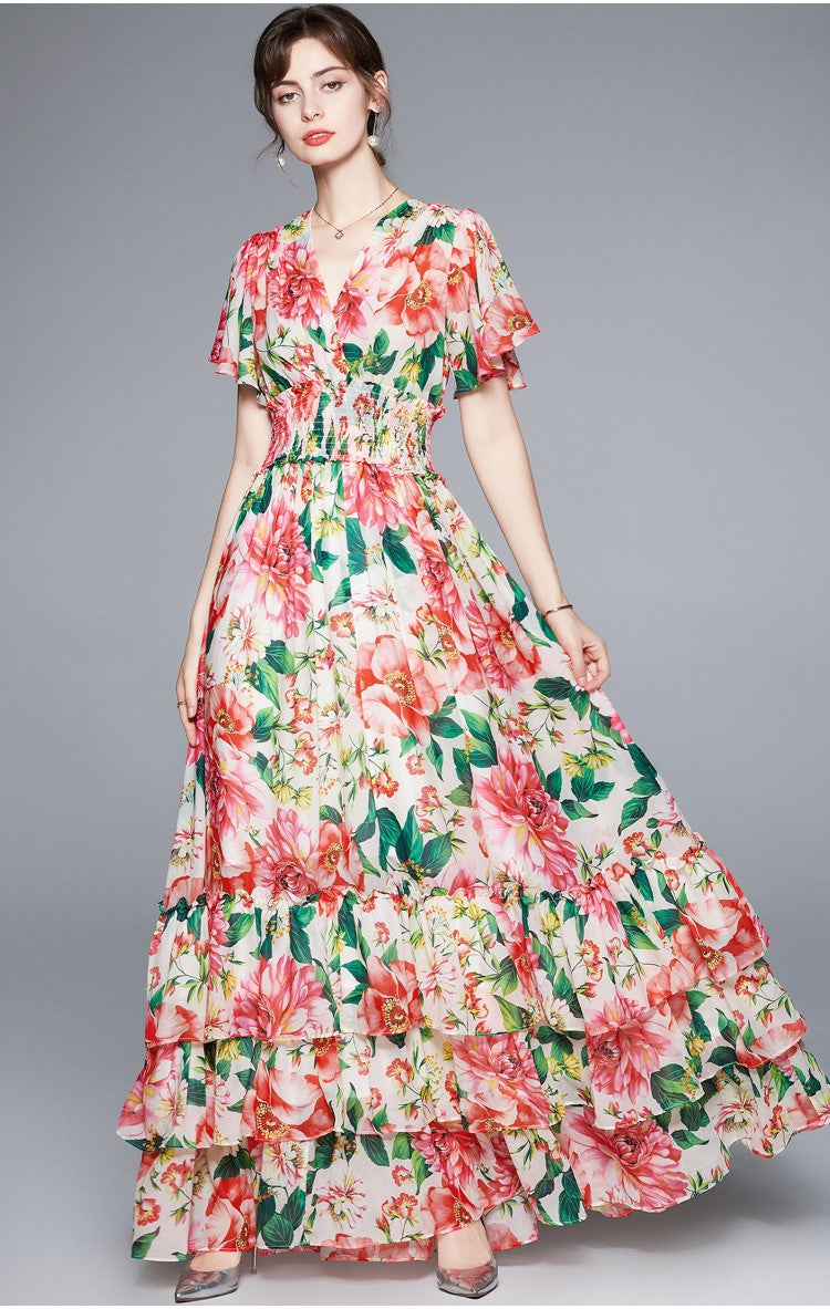Stretchy Floral V Neck Ruffled Waist Maxi  Dress