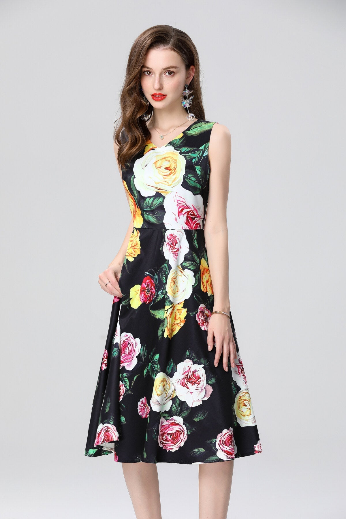 Structured A Line Floral Black Dress