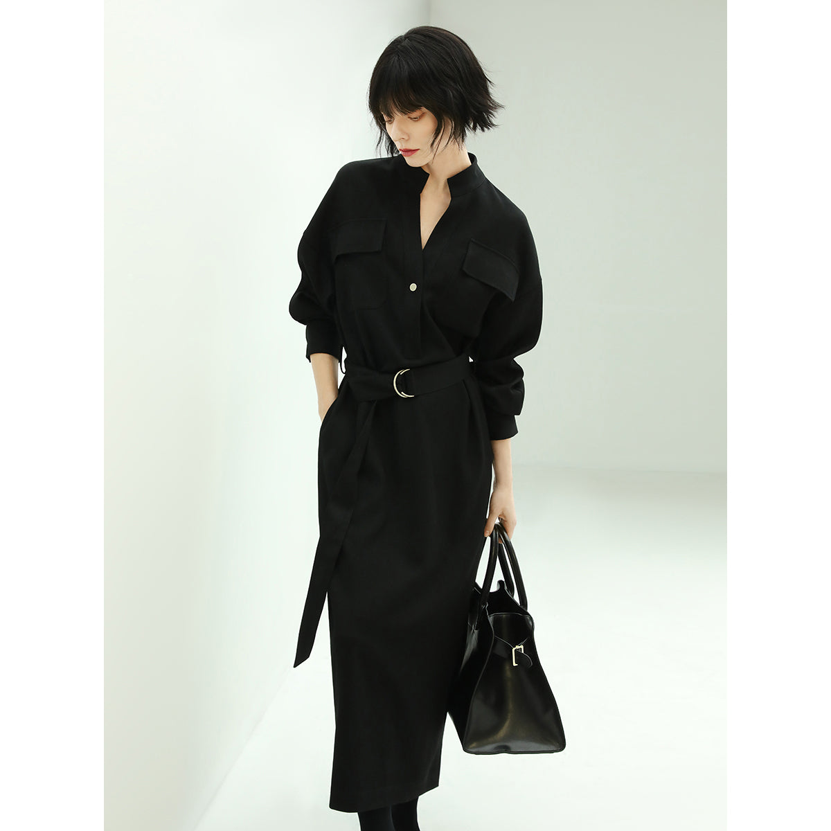 Structured Belted Black Shirt Dress