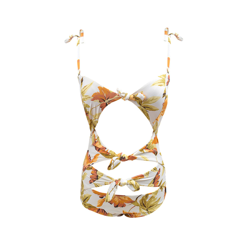 Summer Floral Swimsuit with Cascading Ribbon Cutouts