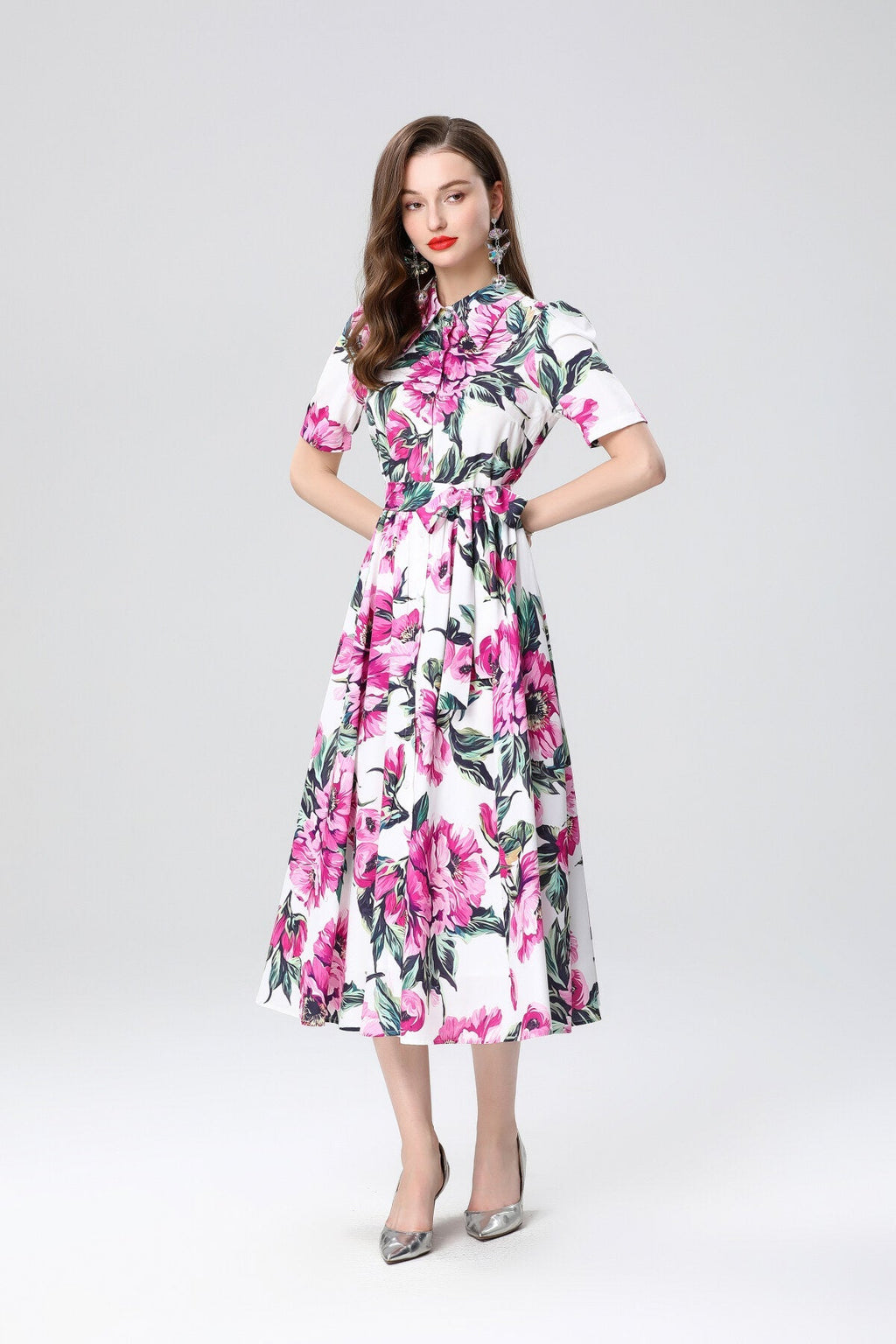 Summery Floral Midi Shirt Dress-1