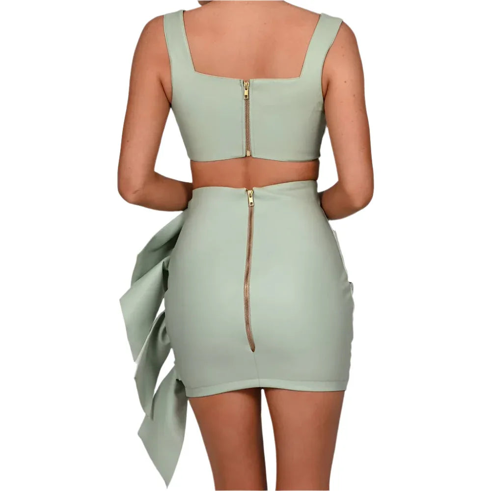 Synthetic Leather Crop Top And Skirt Two Piece Clothing Set