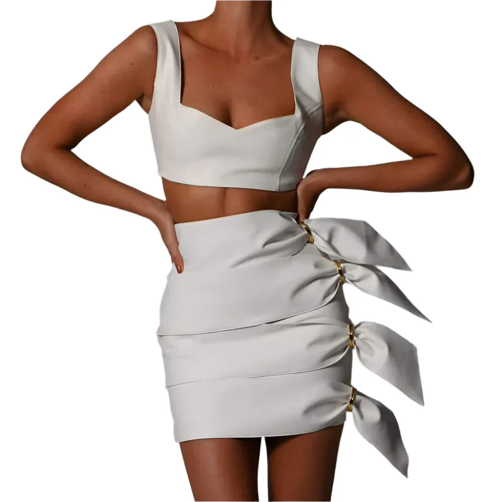 Synthetic Leather Crop Top And Skirt Two Piece Clothing Set