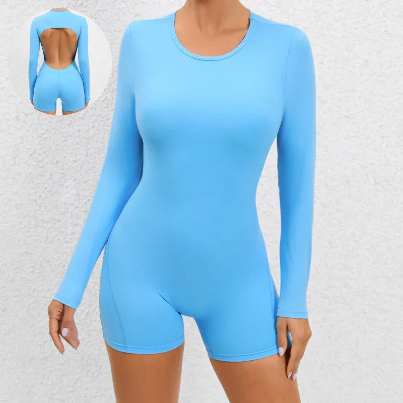 Tight Long Sleeve Open Back Fitness Gym Exercise Sport Jumpsuit For Women