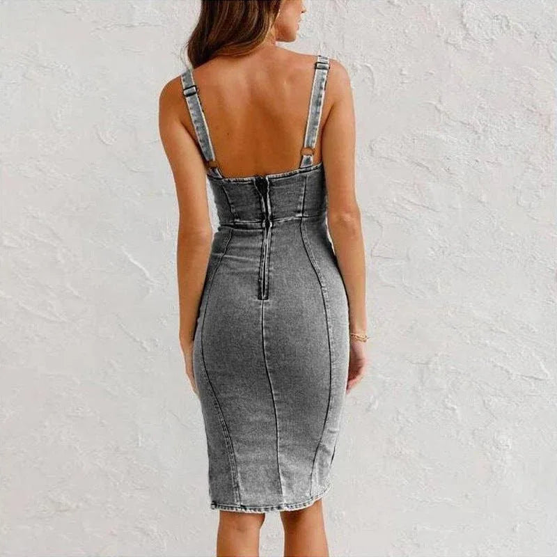 U-Neck Slim Fit Casual Summer Denim Dress Women's Clothing