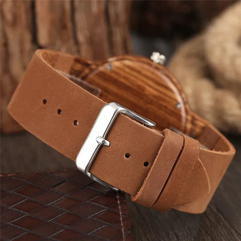 Unisex Wooden Watch With Leather Strap For Men & Women