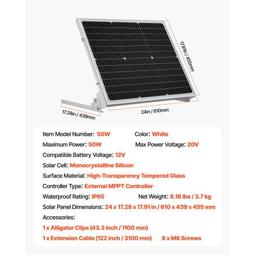 50W 12V solcellsbatteri underhållsladdare, mono solpanel batteriladdare med uppgraderad MPPT-kontroller och justerbar monteringsfäste, IP65 vattentät för bil båt husvagn hustak |  EU