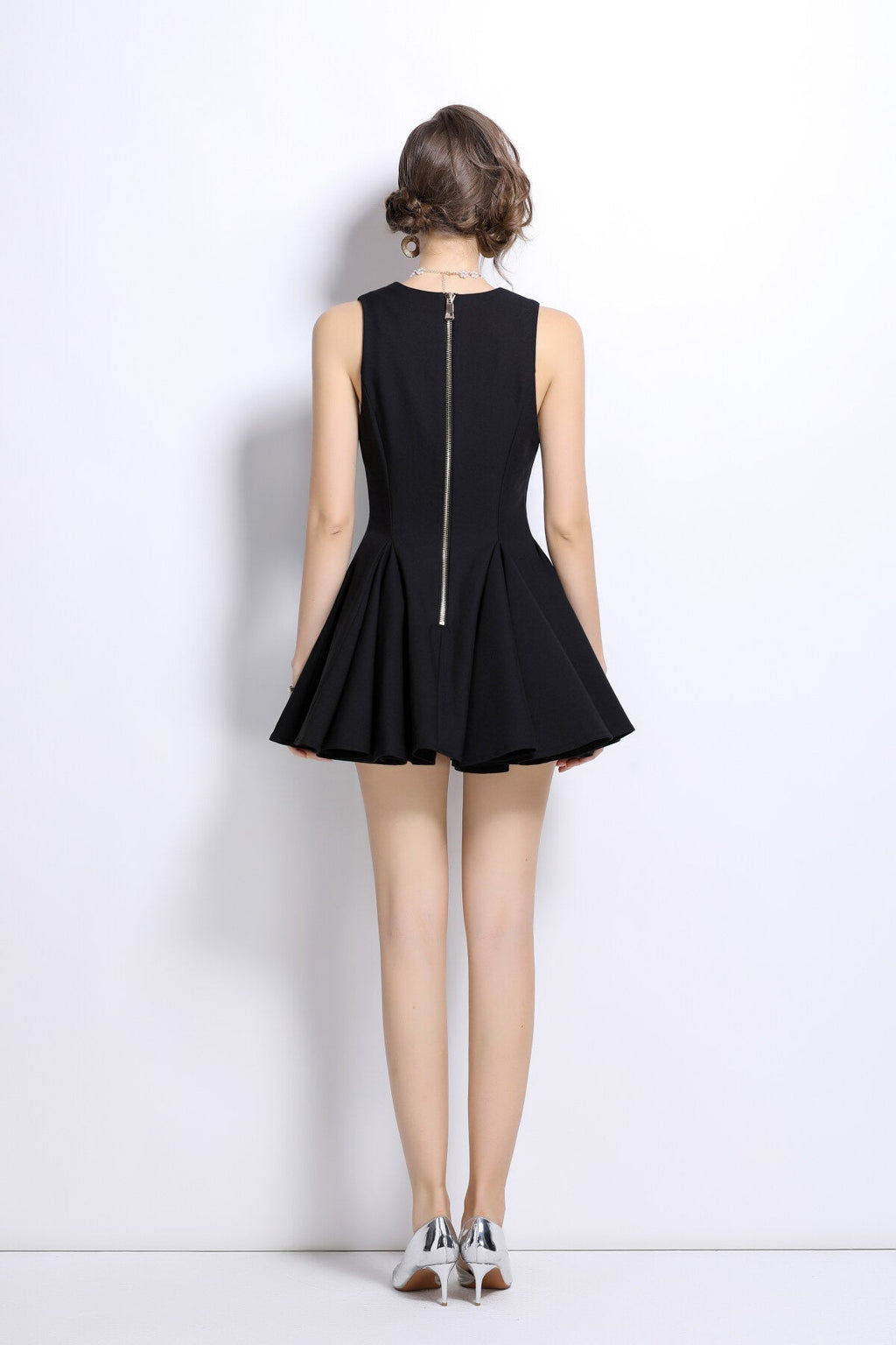 V Neck Double Breasted Pleated Puff Mini Dress-3