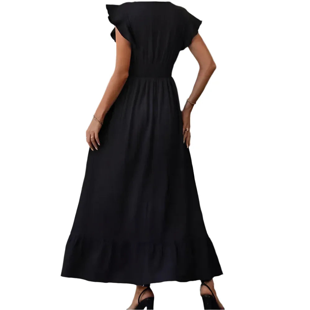 V-Neck Ruffled Sleeve Solid Color Leisure Dress