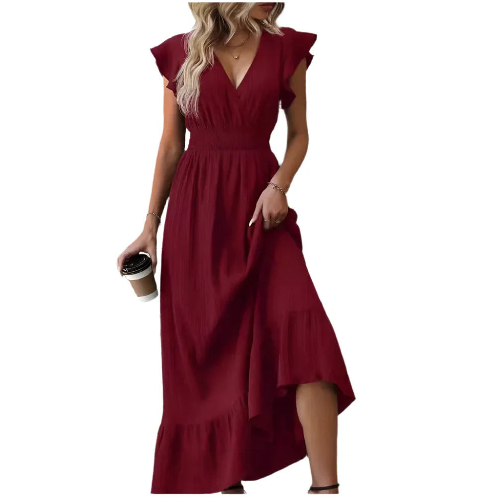 V-Neck Ruffled Sleeve Solid Color Leisure Dress