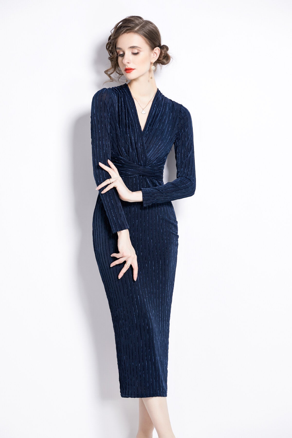 V Neck Tie Waist Bodycon Versatile Velvet Dress