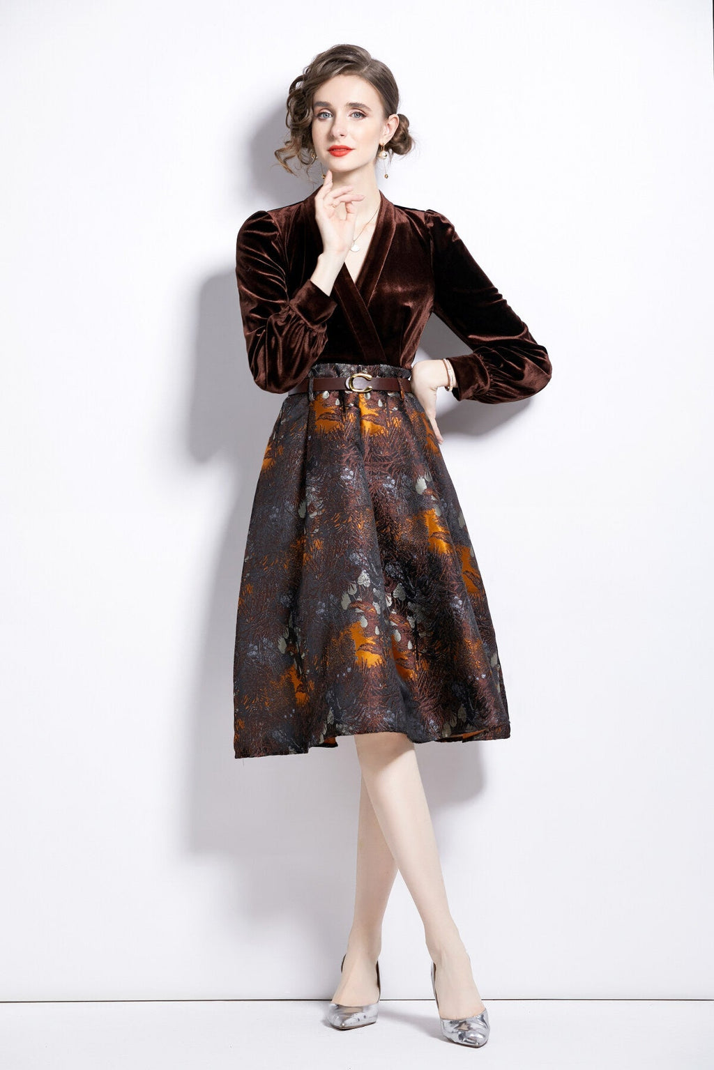 V Neck Velvet Patchwork Coffee Jacquard A Line Dress