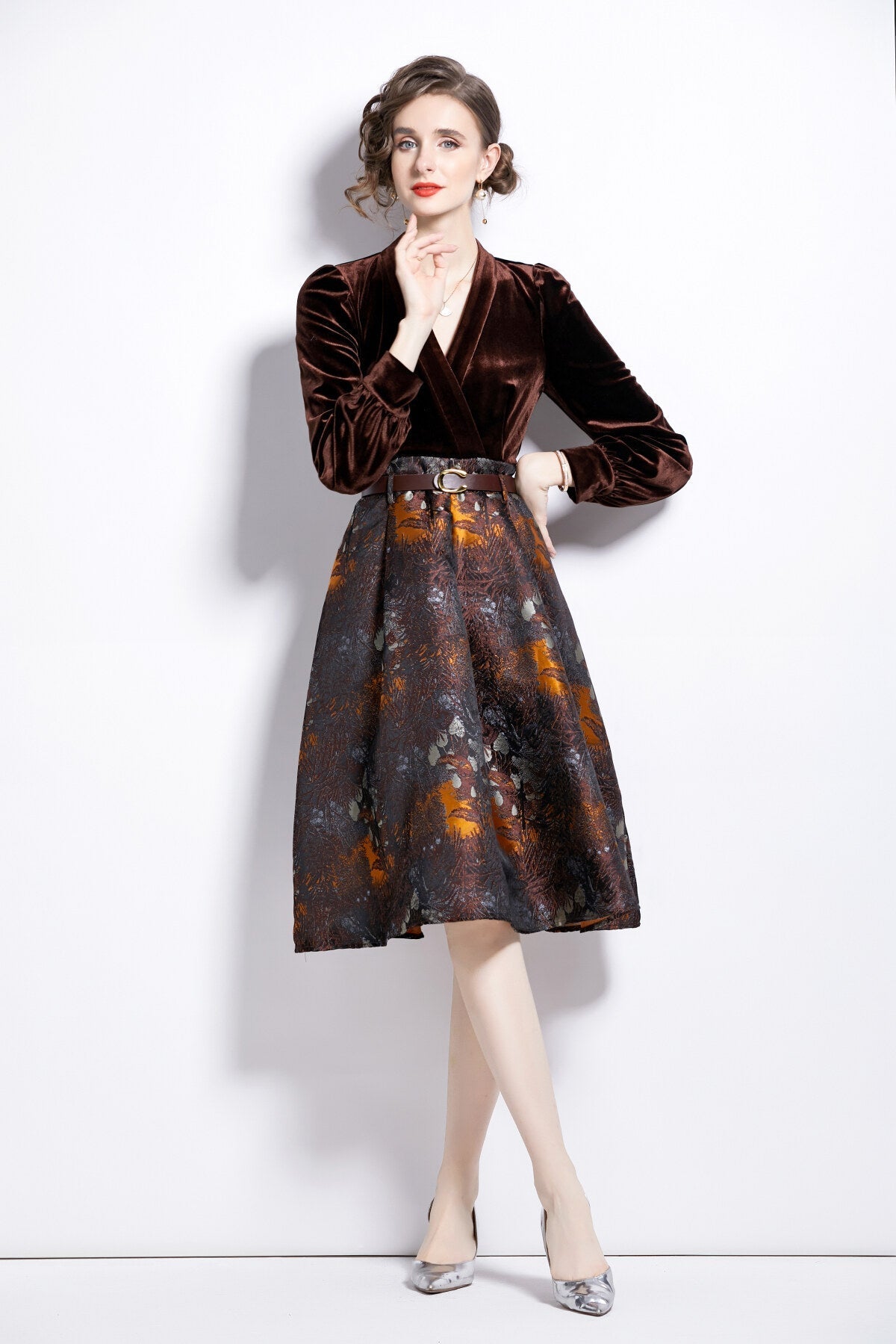 V Neck Velvet Patchwork Coffee Jacquard A Line Dress