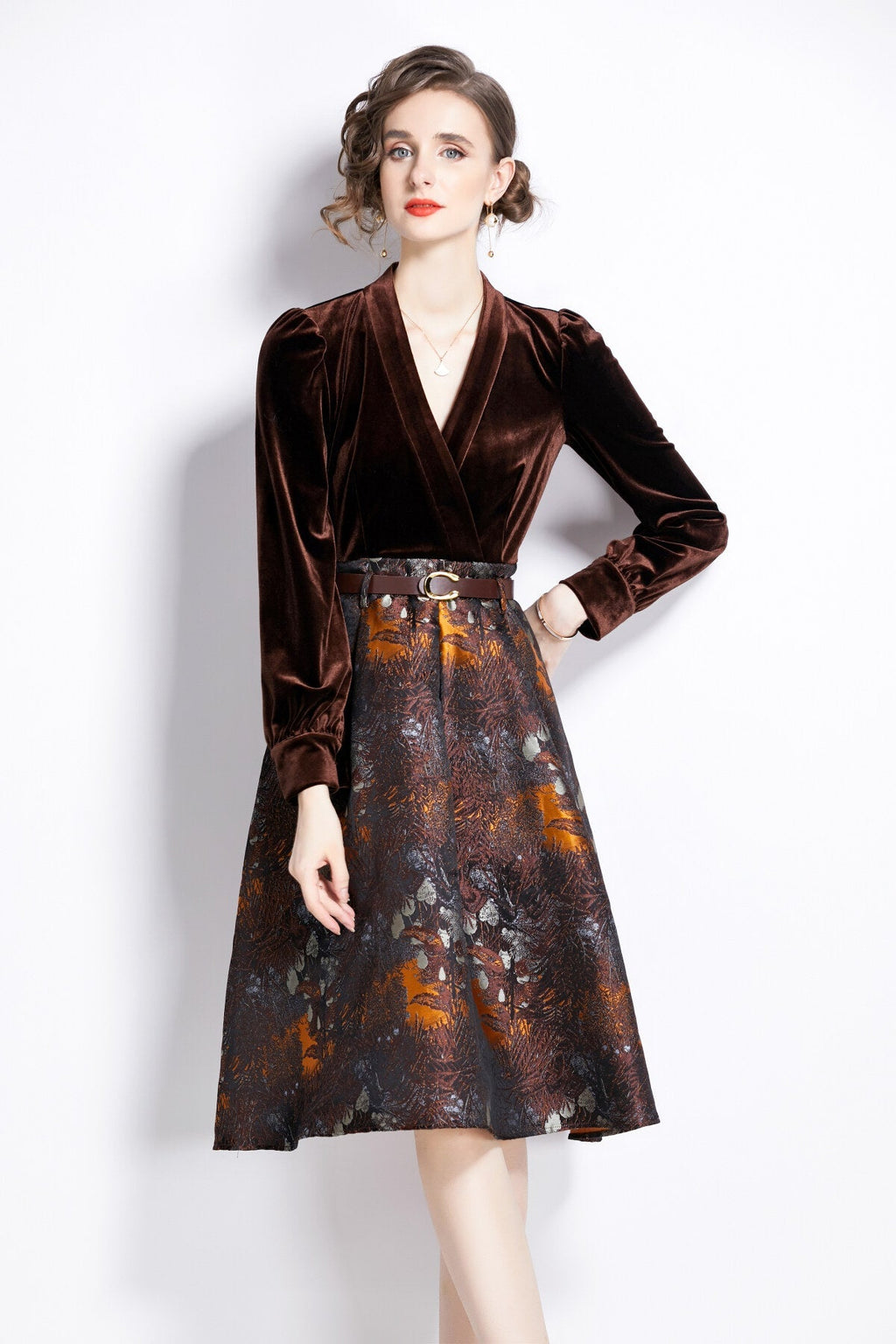 V Neck Velvet Patchwork Coffee Jacquard A Line Dress