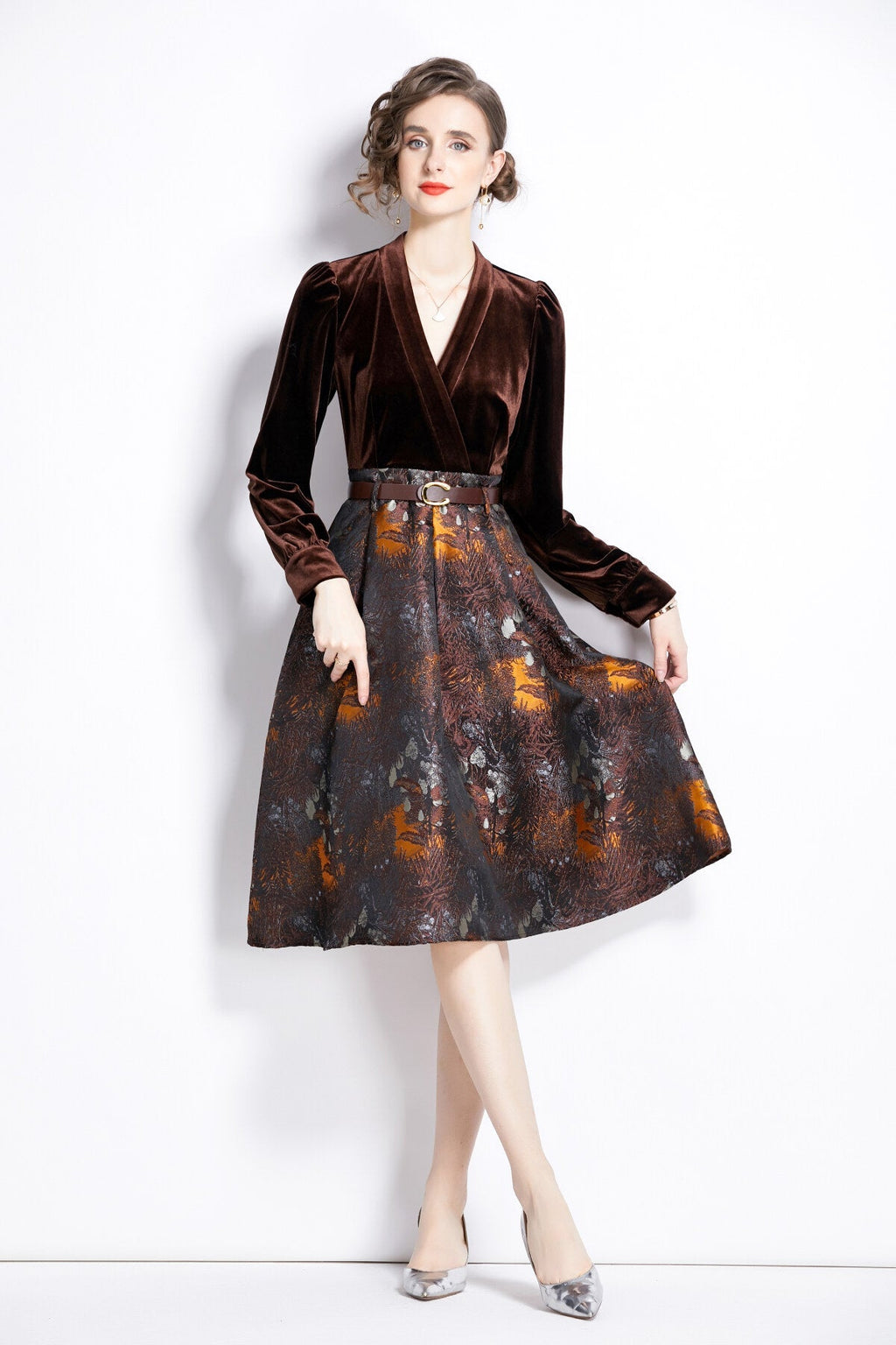V Neck Velvet Patchwork Coffee Jacquard A Line Dress