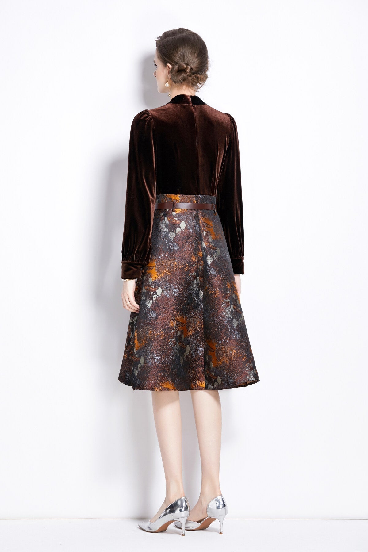 V Neck Velvet Patchwork Coffee Jacquard A Line Dress