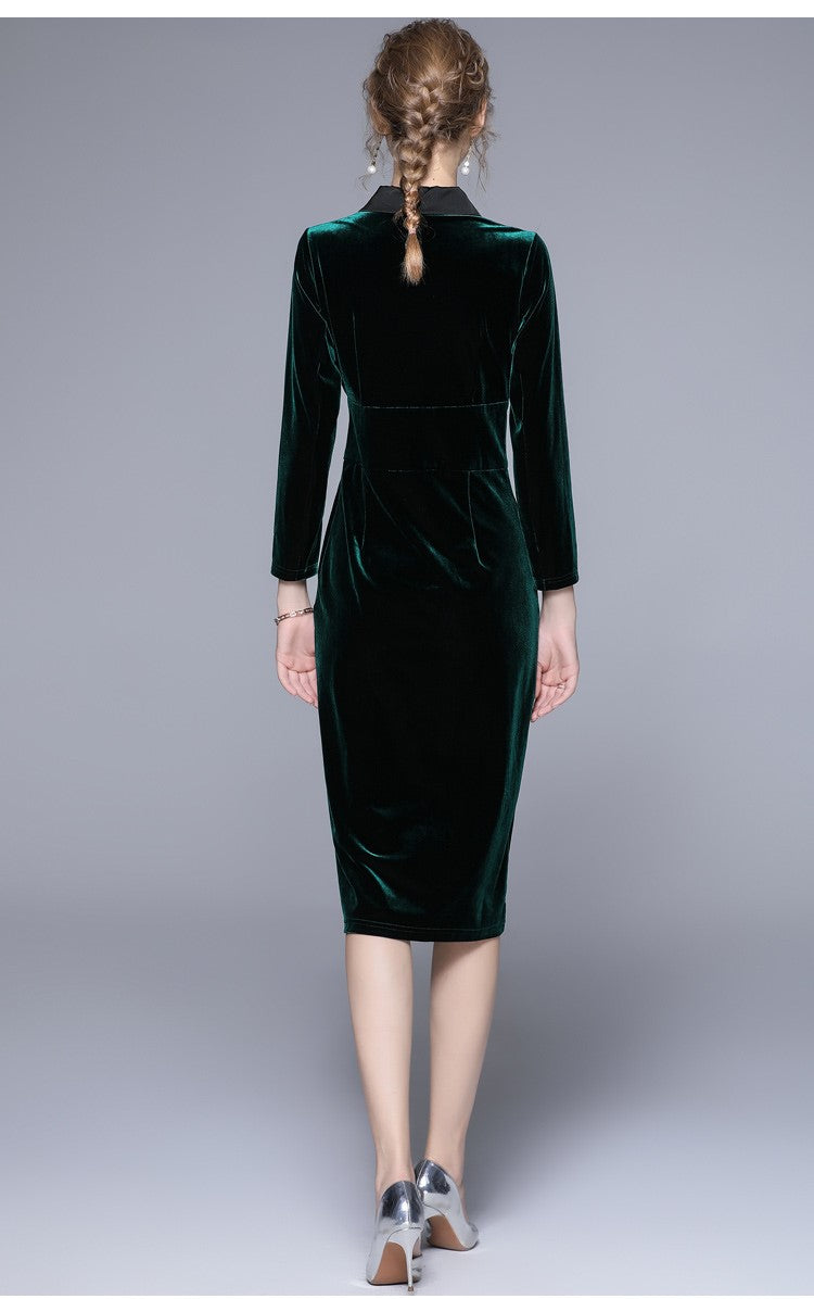 Velvet Green Slim Fit Midi Pencil Dress