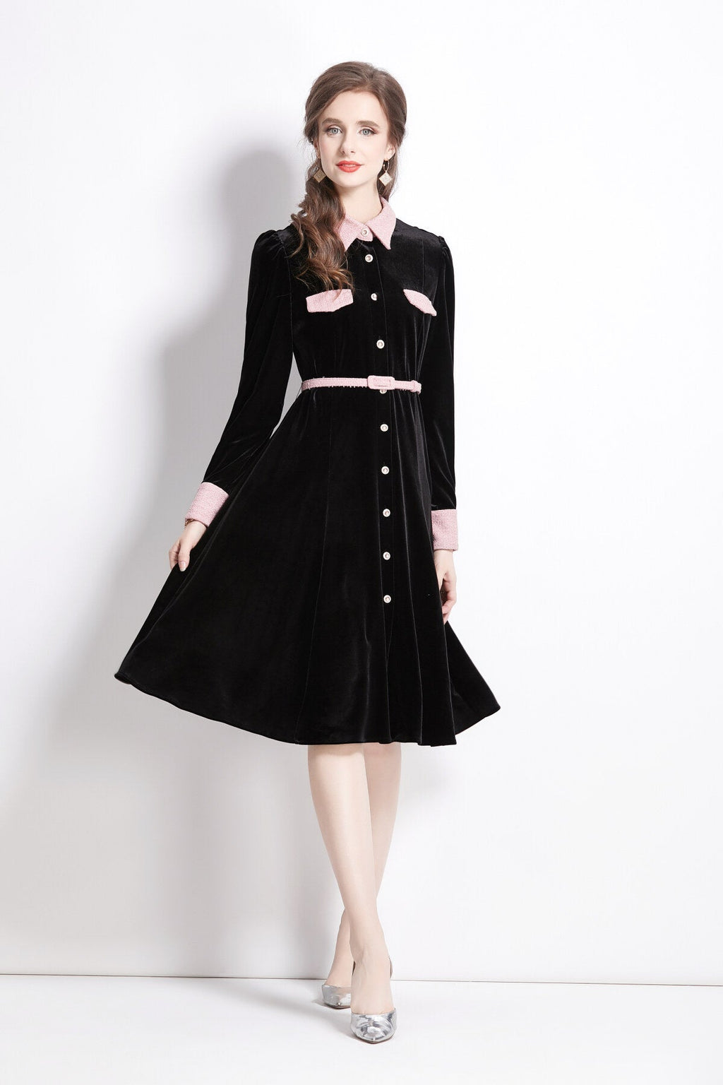 Velvet Slim Fit Black Polo Midi Dress