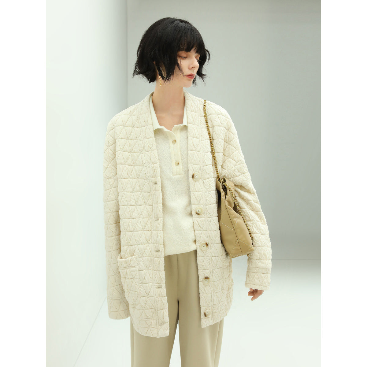 Velvety Collarless Oversized Quilted Coat-1