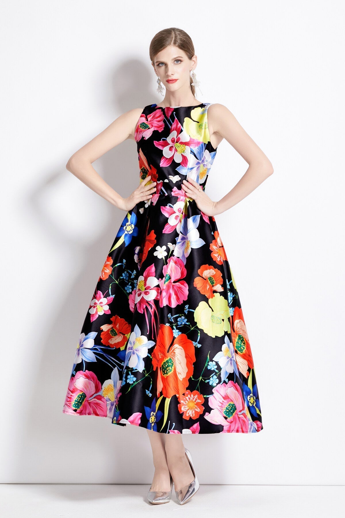 Vibrant Abstract Fitted Waist A Line Dress