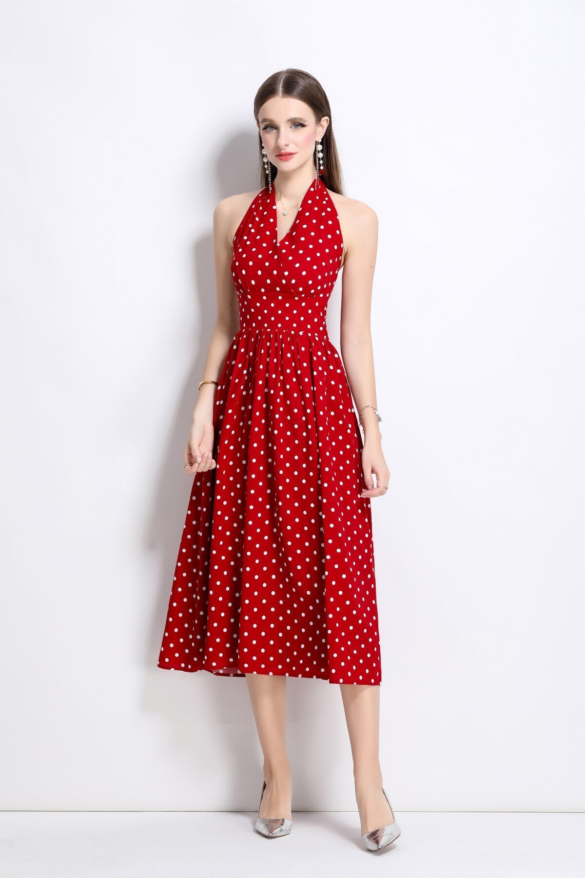 Vintage Halter Polka Dot Sleeveless Fitted Maxi Dress