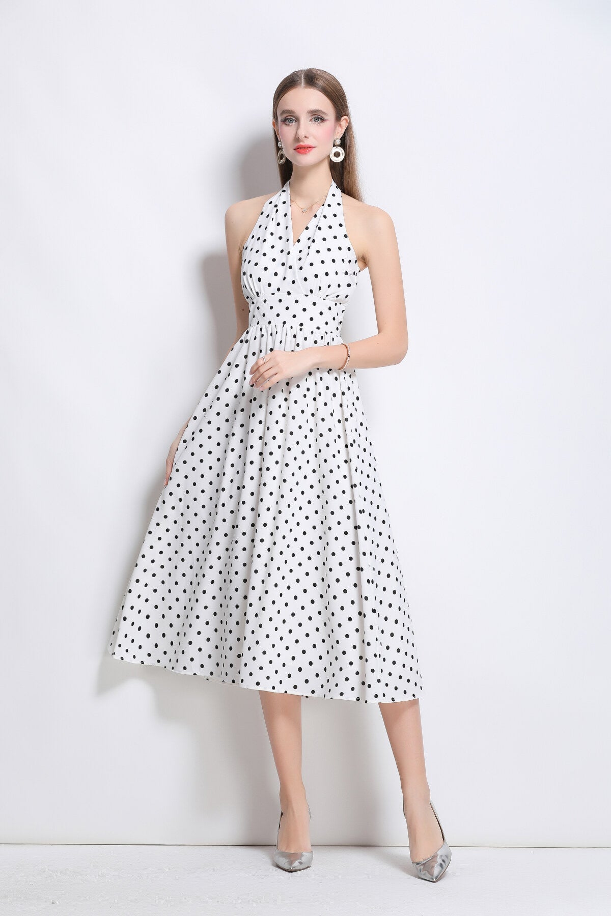 Vintage Halter Polka Dot Sleeveless Fitted Maxi Dress