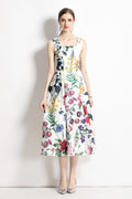 Vintage White Floral High Waisted Thick Strap Dress-0