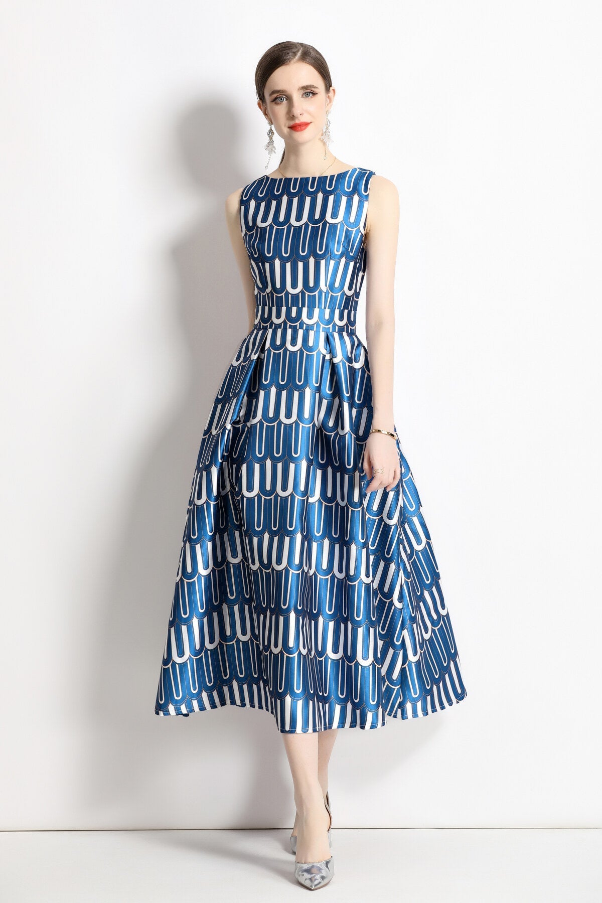 White and Blue Slim Fit A Line Tea Dress-0