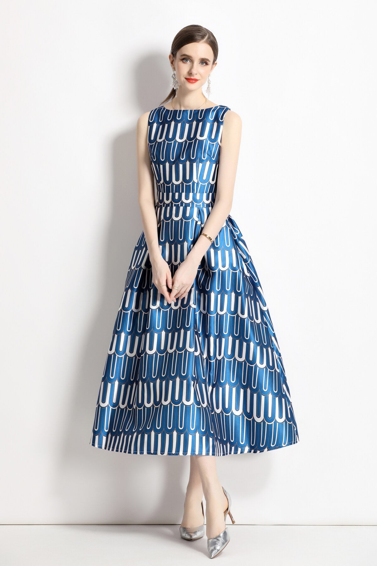 White and Blue Slim Fit A Line Tea Dress