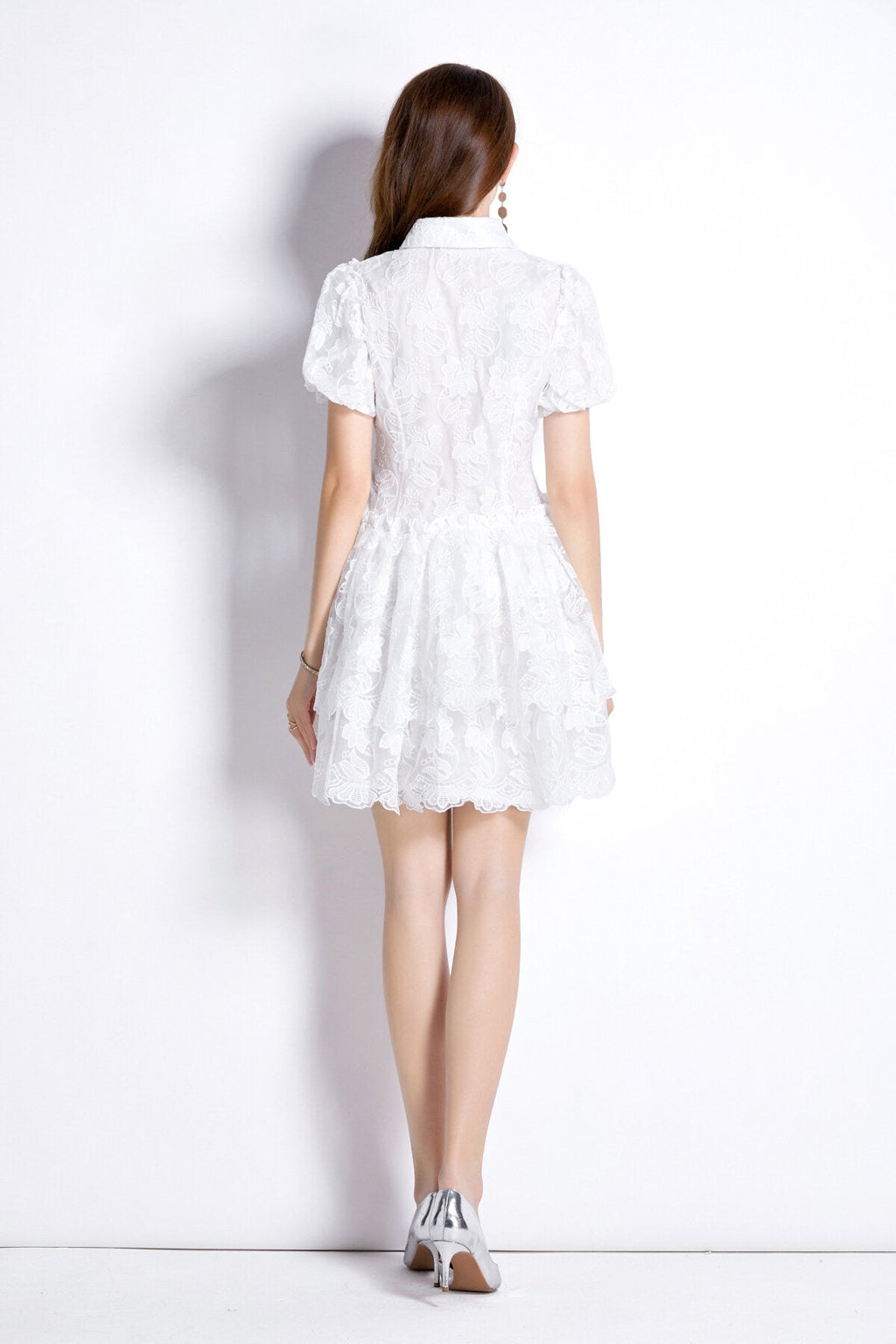 White Embroidered Puff Sleeve French Dress