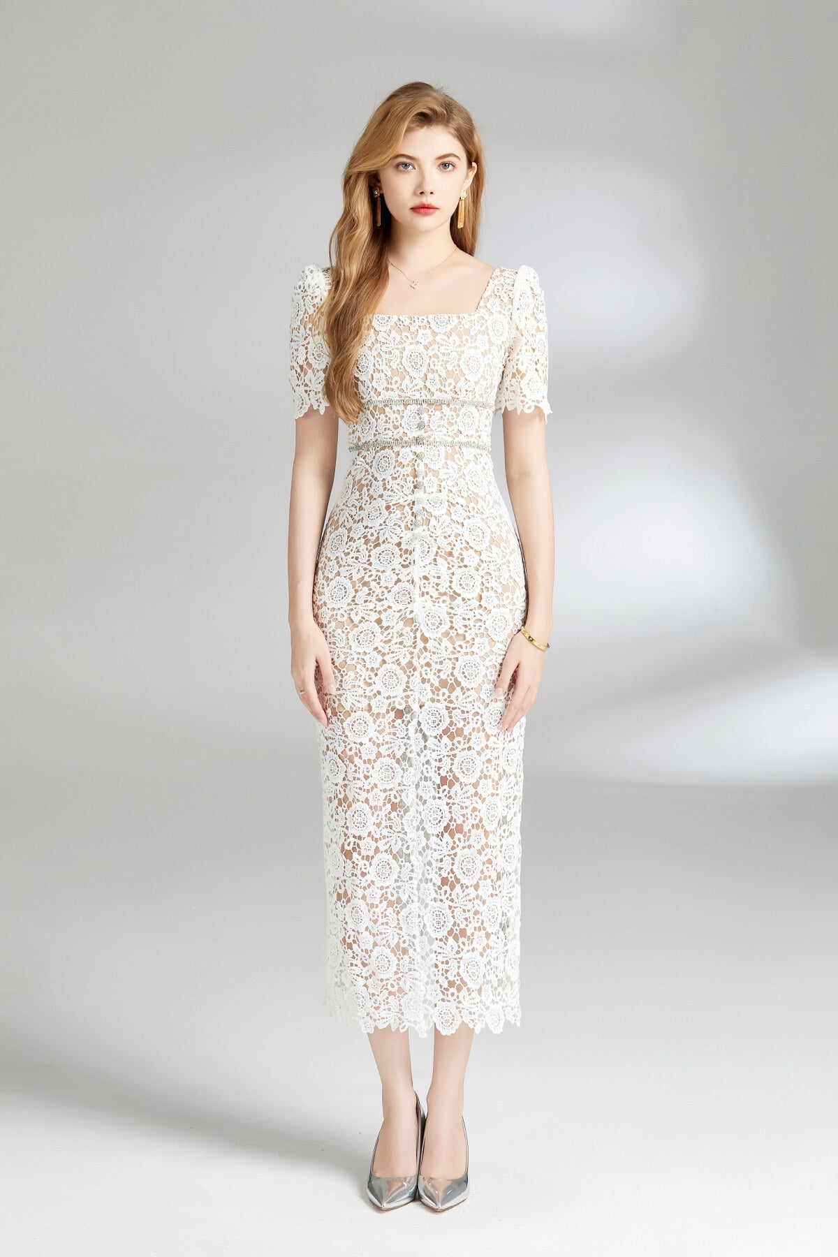 White Floral Lace Cut Out Dress
