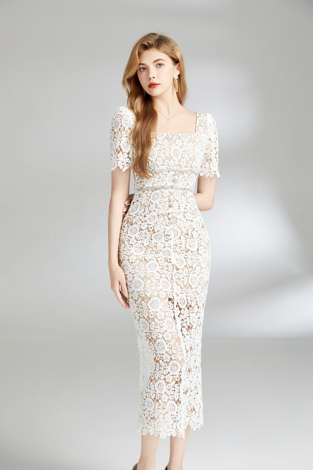 White Floral Lace Cut Out Dress