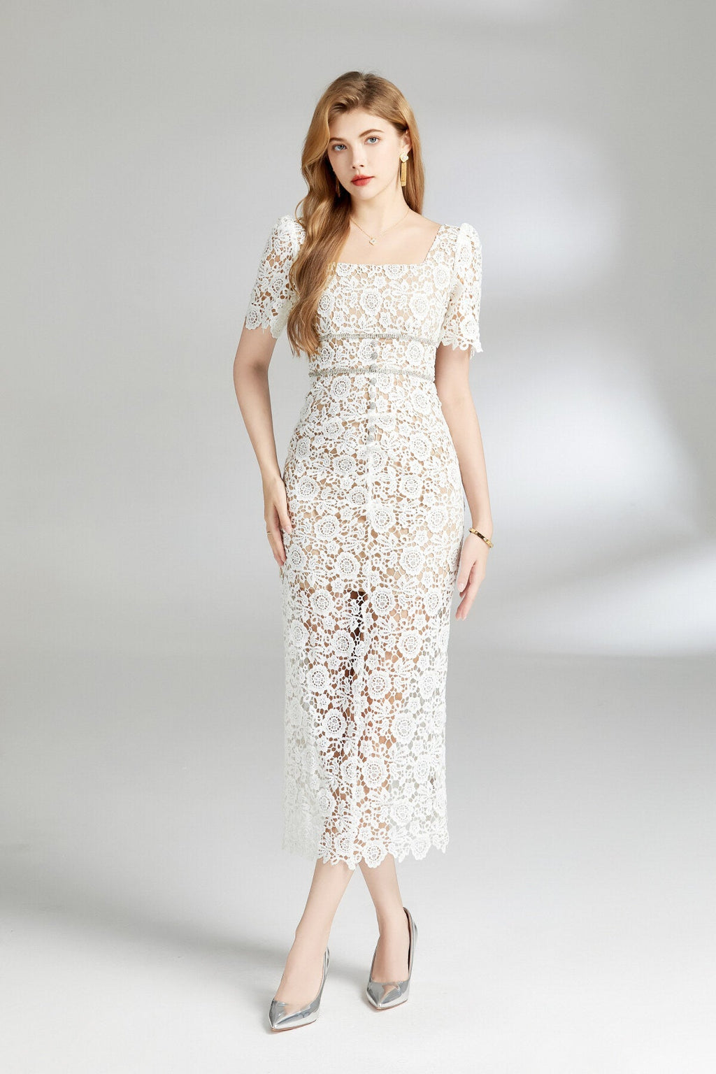White Floral Lace Cut Out Dress