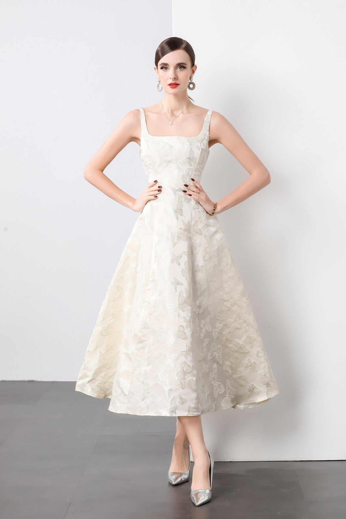 White Jacquard Square Neck Balletcore Wedding Dress