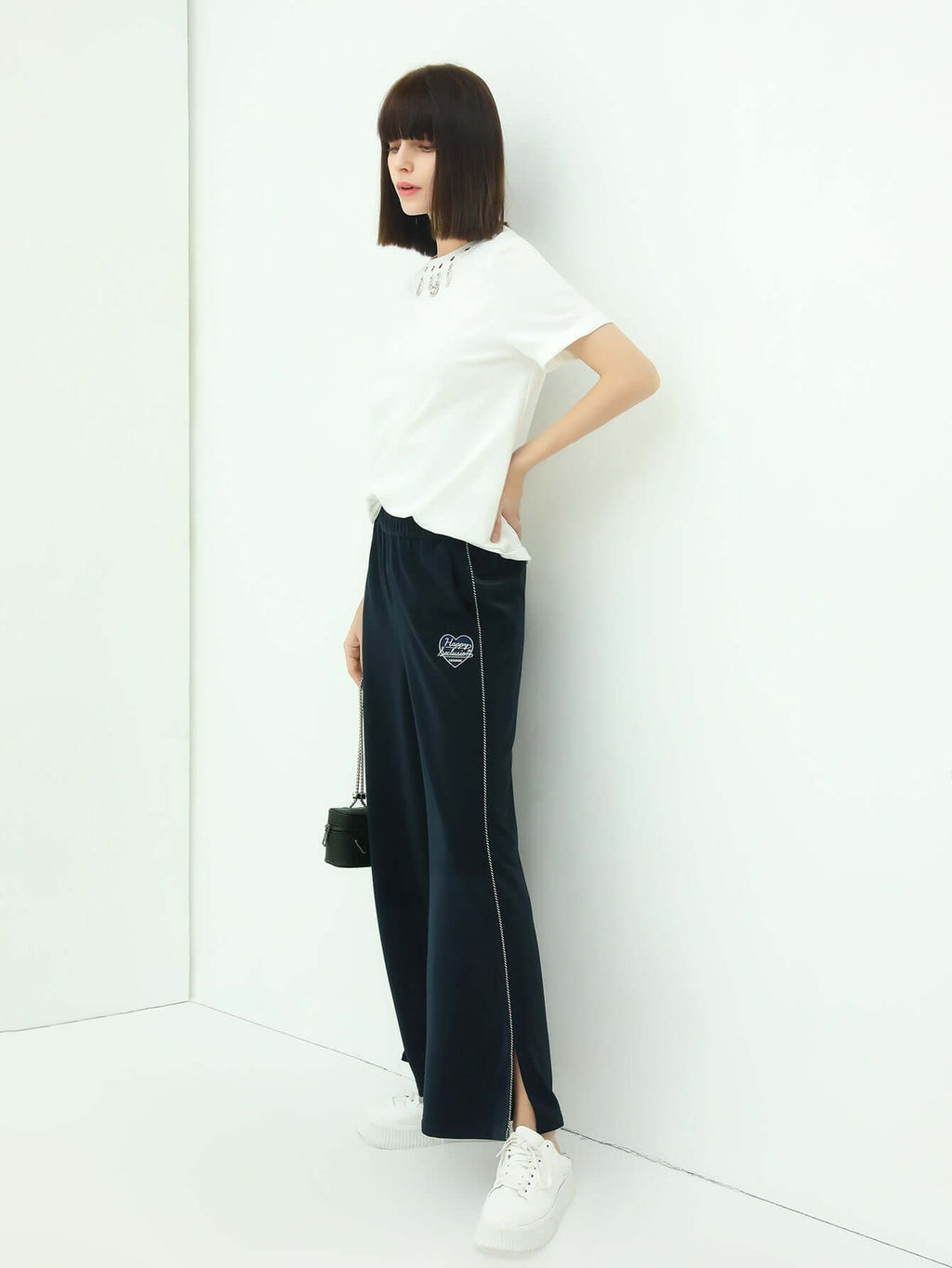 White Round Neck Tee with Embellished Charms-1