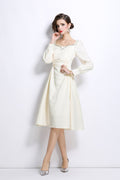 White Sweetheart Embellished Puff Sleeve Midi Dress