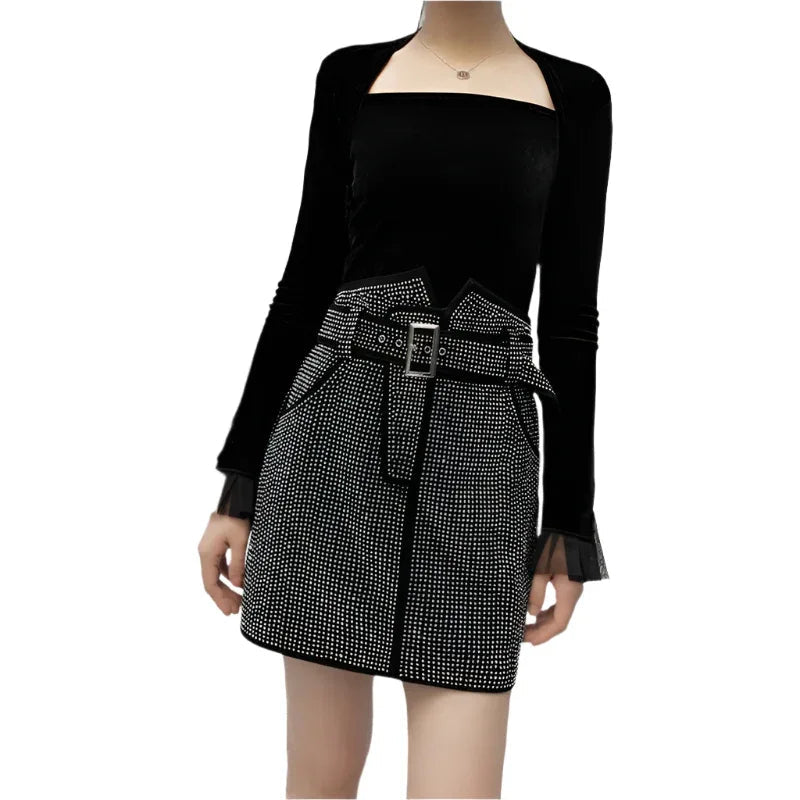 Women's Genuine Leather Studded Diamonds Skirt With Adjustable Belt